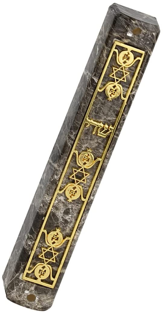 (D) Judaica Plastic Marble Style Mezuzah Case, Metal (5.9'', Gold 3 Stars)