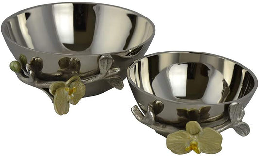 (D) Metal Silver Bowls 2 pc Set 7.5'' and 6'' 'Orchid' Housewarming Gift