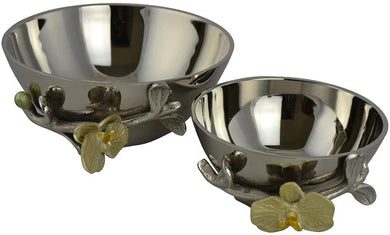 (D) Metal Silver Bowls 2 pc Set 7.5'' and 6'' 'Orchid' Housewarming Gift
