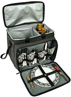 (D) Deluxe Picnic Cooler for Four, Full Equipment Backpack Bag (Charcoal)