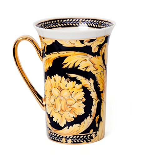 Royalty Porcelain Luxury Tea Cup/Mug, Floral Design, 24K Gold (12 Oz, Black)