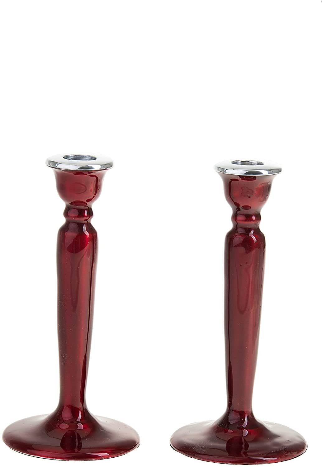 (D) Judaica Enamel Candlestick, Modern Bright Jewish Candle Holders 2 Pc (Red)