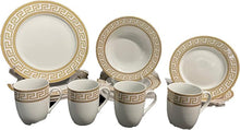 White with Gold Dinnerware Set - Greek Key Inspired 16 Piece Vintage Porcelain Tableware Setting for 4 for Every Day Use or Formal Occasions
