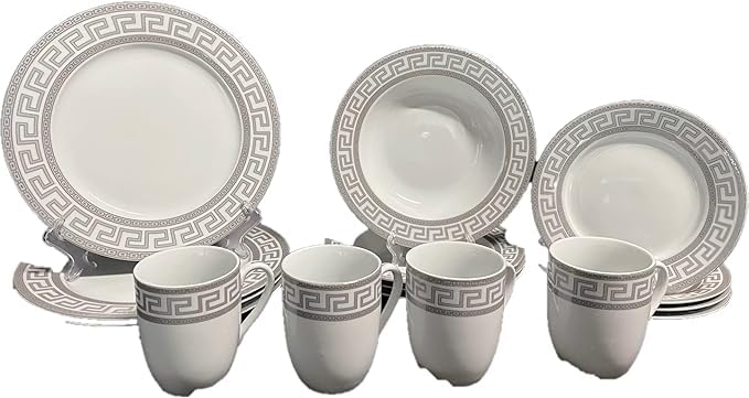 White with Silver Dinnerware Set - Greek Key Inspired 16 Piece Vintage Porcelain Tableware Setting for 4 for Every Day Use or Formal Occasions