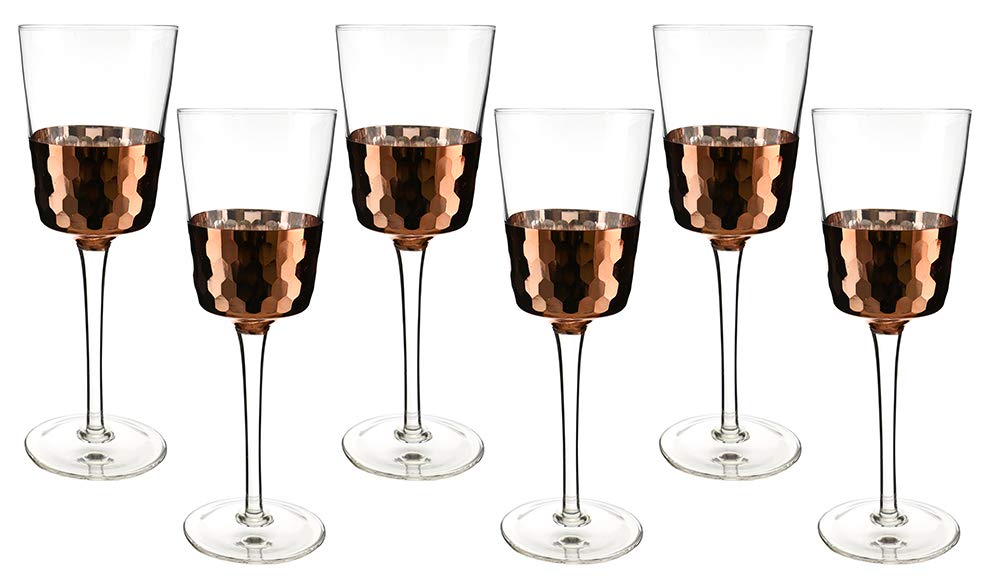 (D) Crystal Wine Glasses with Copper Bowl with Fish Scale Design, 6-pc Set