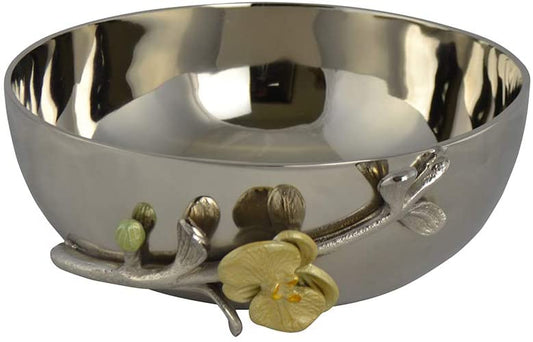 (D) Metal Salad Bowl, Silver Centerpiece Fruit Bowl 'Orchid' Housewarming Gift