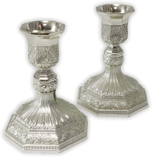 (D) Judaica Silver Plated Candlesticks Set Classic Style 3.15"x 3.9"