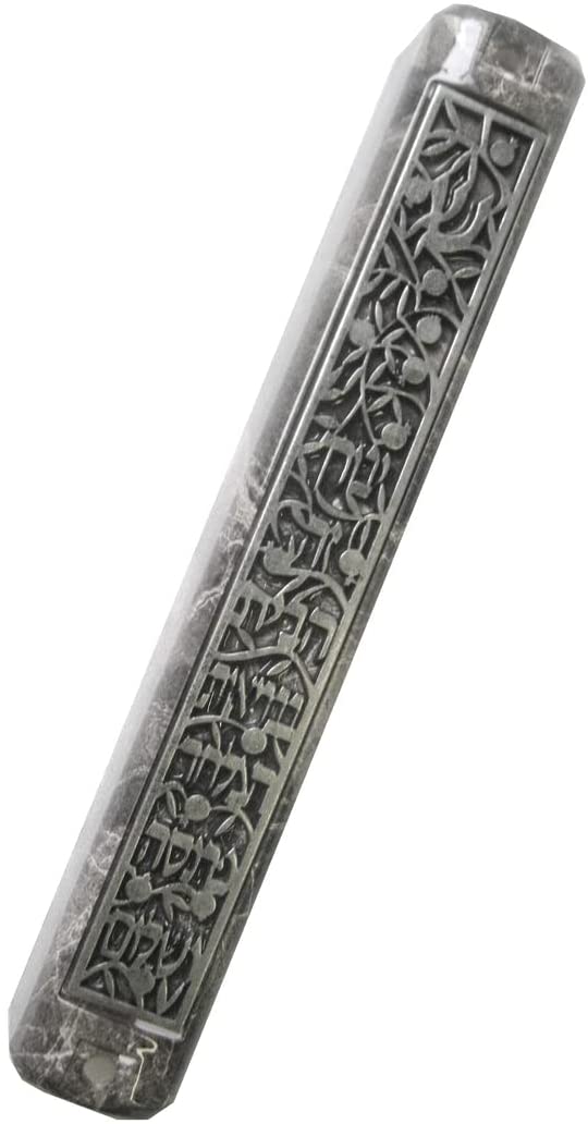 (D) Judaica Plastic Marble Style Mezuzah Case, Metal (4.7'', Silver Text)