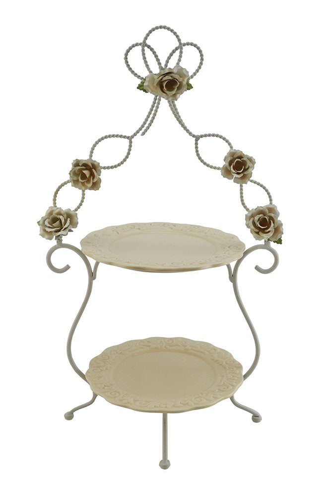 (D) 2-Tiered English Country Style Serving Platter Stand 21 x 12 Inches