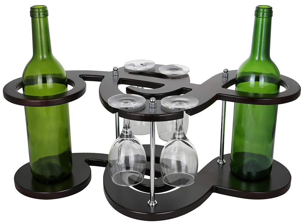 (D) Musical Key Shaped 2 Wine Bottle and 4 Glass Holder, Housewarming Gif