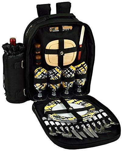 (D) Four Person Picnic Backpack Bag, Full Equipment Set for Outdoor (Black Paris)