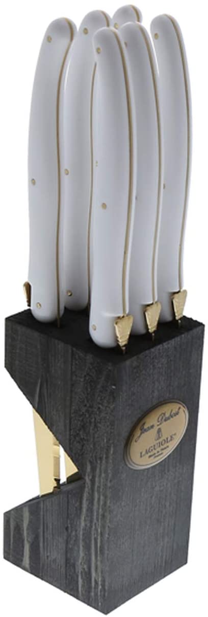 (D) Laguiole French Stainless Steel Steak Knives in Block, Vintage (White)