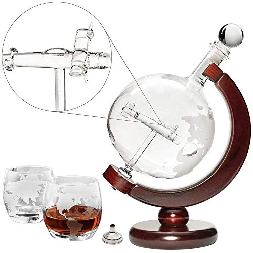 Large Decanter Set – Whiskey Decanter with Wooden Stand, 2 Etched Globe Whiskey Glasses, and Funnel – Elegant Liquor Dispenser for Spirits