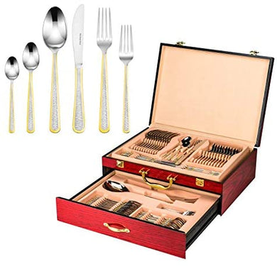 Royal Flatware 'Venezia' 75-Piece Premium Surgical Stainless Steel Silverware Flatware Set in a Wooden Case, Service for 12, 24K Gold-Plated 18/10