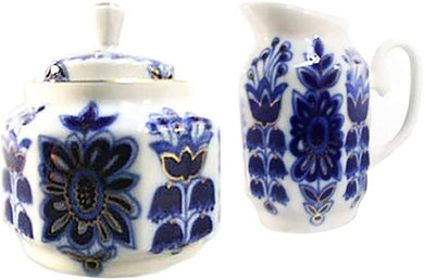 (D) Royalty Porcelain Lomonosov Cobalt Blue Creamer, Sugar Bowl 'Blue Field'