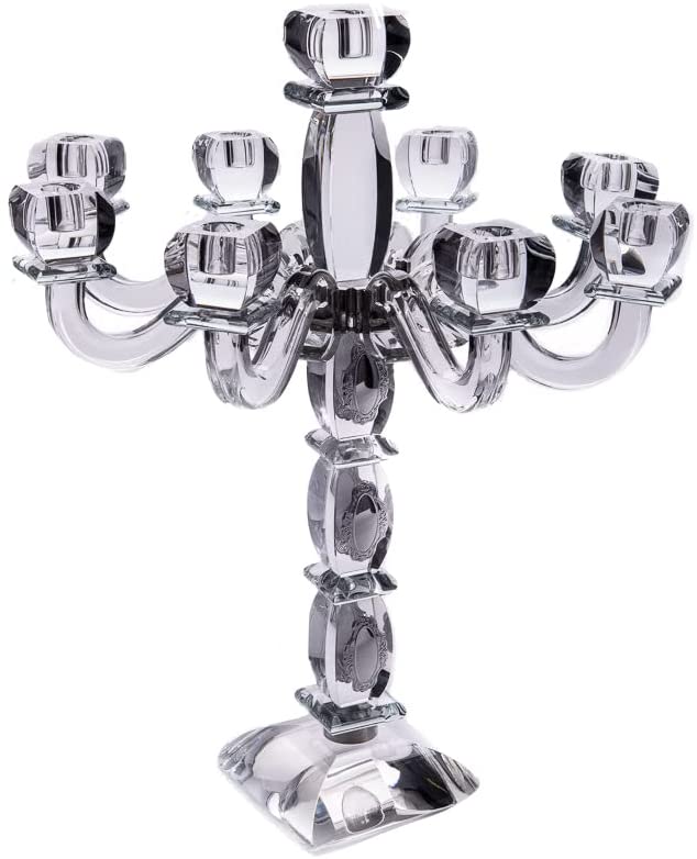 Hand-cut crystal and sterling silver 9-branch Judaica candelabra with reflective facets, 22 inches tall