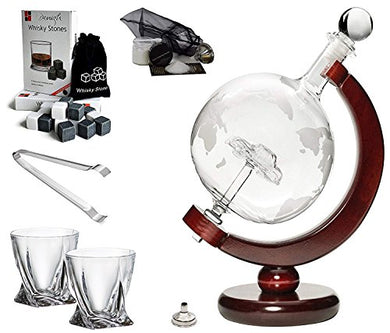 'Car' Whisky Liquor Etched Globe Decanter 50 Oz and Diamond Glasses Mega Set