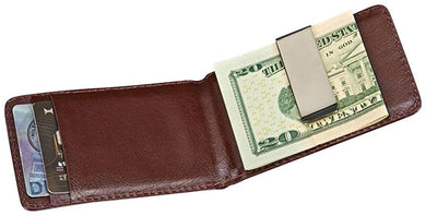 (D) Brown Leather Billfold Style Case with Money Clip, Card Holder for Men