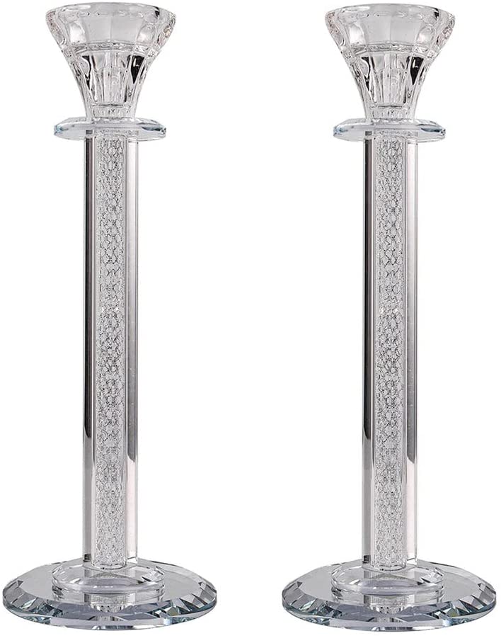 (D) Judaica Crystal Candlesticks with Inner Net Diamond Design