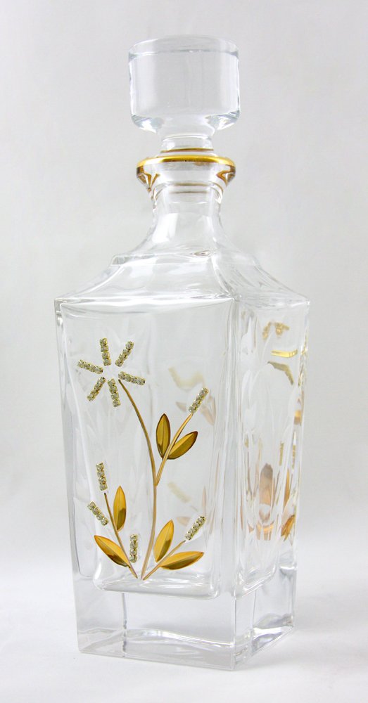Denizli Spirits Whisky Bottle Handmade Crystal Decanter with 24K Gold Ornament, Lead Free (27 Oz, Bloom)