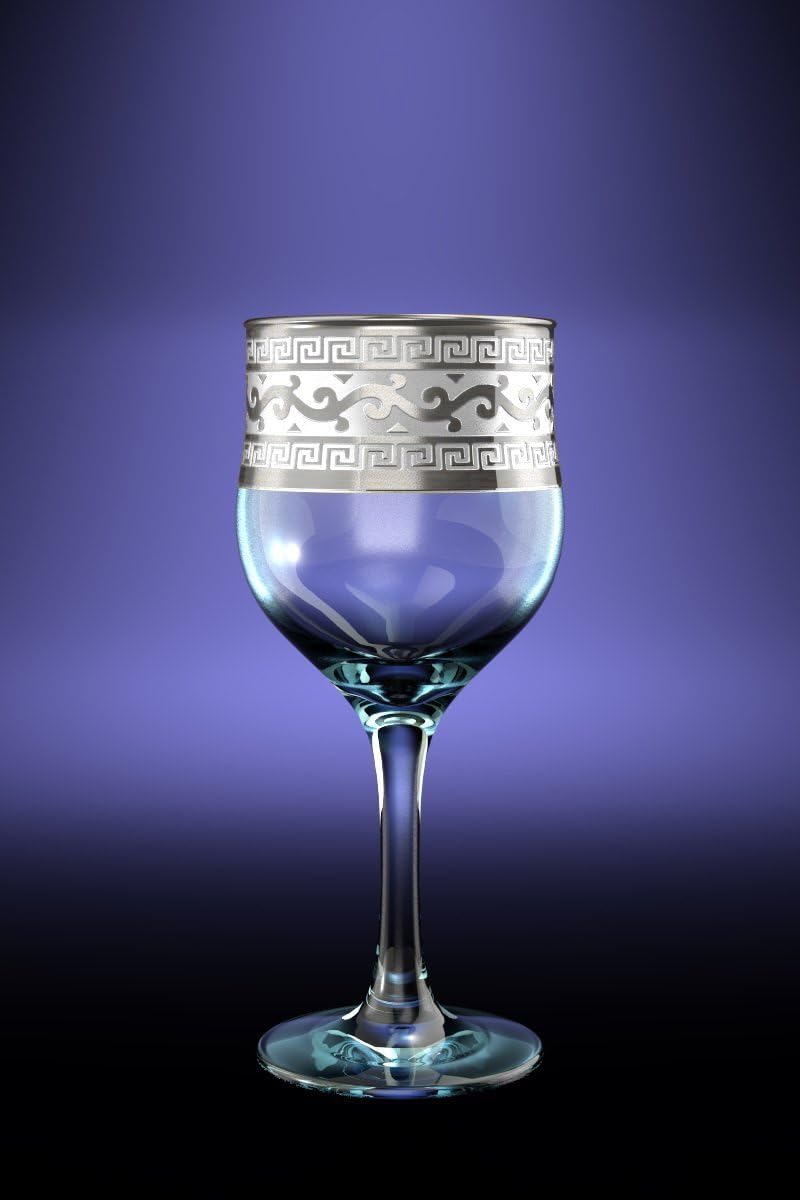Crystal Goose GX-08-163, 8-Ounce Wine Glasses with Platinum Trim, Greek Key Platinum-Plated Red White Wine Glasses on Stem, 6 Piece Set