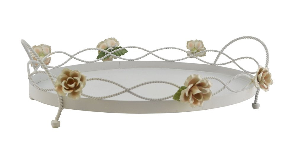 (D) Ornate Oval Mesh Tray Decorated with Roses 18 x 13 Inches