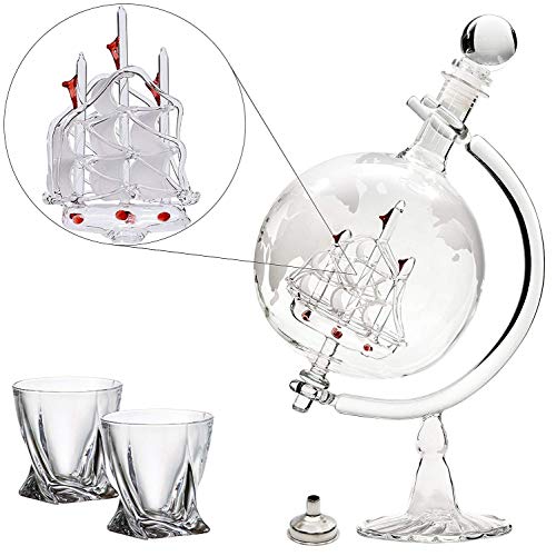 Ship Liquor Decanter 35oz Set with Glass Stand 2 Diamond Glasses and Bar Funnel