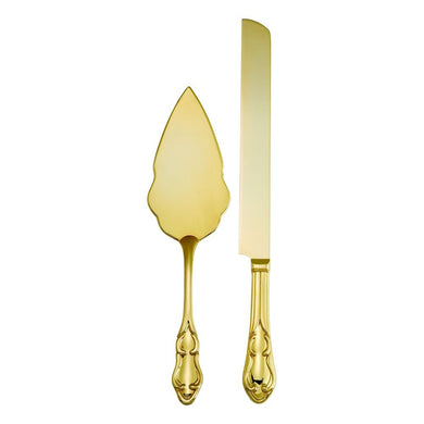 (D) Gold Wedding Cake Knife and Server Set 2-pc Decorated Antique Style Handles