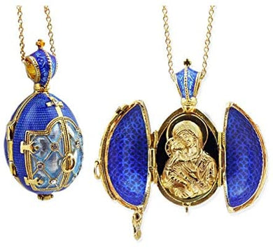 (D) Religious Gifts Enamel Silver Gold Faberge Style Egg (Virgin Mary Blue)