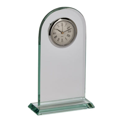 (D) Clear Glass Arched Table Clock 8 inches on a Stand, Black Roman Numerals