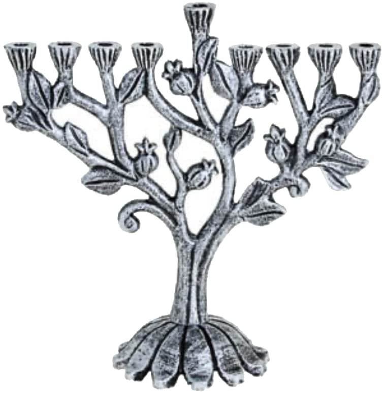 (D) Judaica Pomegranates Silver Metal Menorah, Chanukah Holiday Decor 9''