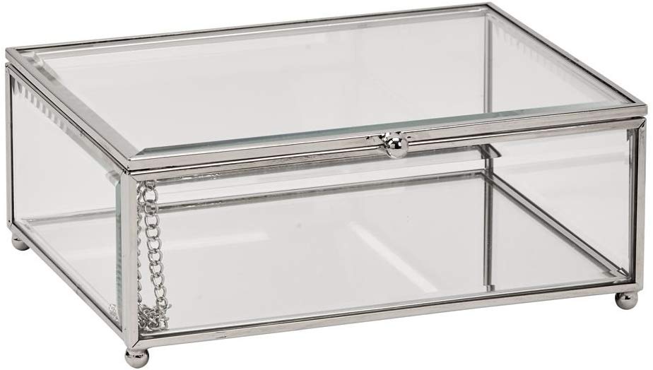 (D) Clear Glass Jewelry Box for Women Silver Storage or Gift Box (7.25x5.5'')