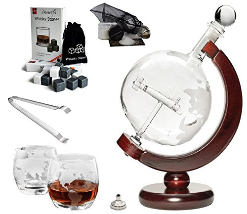 Large Handmade Whisky Dispenser Liquor Etched Decanter and Globe Glasses Mega Set