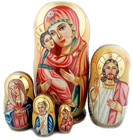 (D) Russian Souvenirs Nesting Dolls with Icons Matryoshka Wood Nested Set 5 PC