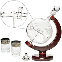 Large 50 Oz Handmade Vodka or Liquor Etched Globe Decanter Set with Wooden Stand, Bar Funnel and 2 Platinum Shot Glasses (Wood Stand + Plane)