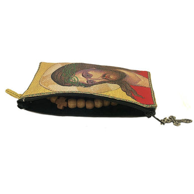 Gifts Plaza (D) Jesus Prayer Pouch - 2 Sided With Wooden Prayer Beads (Christ, Gold 50 knots)