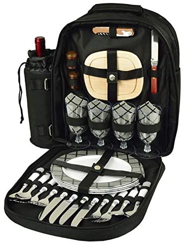 (D) 4 Person Picnic Backpack Bag, Full Equipment Set for Outdoor Charcoal