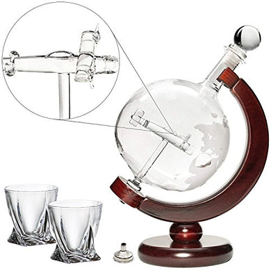 Plane Decanter 50oz Set with Wooden Stand 2 Diamond Glasses and Bar Funnel