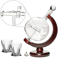 Plane Decanter 50oz Set with Wooden Stand 2 Diamond Glasses and Bar Funnel
