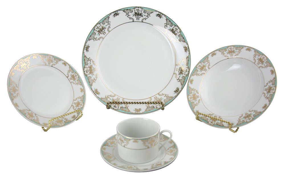 (D) Royalty Porcelain Floral Pattern Turquoise and Gold 40-pc Dinnerware Set