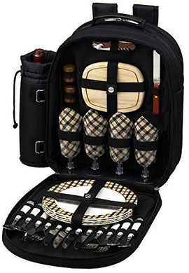 (D) Four Person Picnic Backpack Bag, Full Equipment Set for Outdoor (Black London)