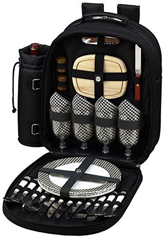(D) Four Person Picnic Backpack Bag, Full Equipment Set for Outdoor (Black)