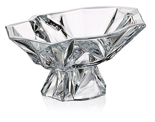 Handmade Czech crystal candy bowl on a stem with geometric Angles facets refracting light, 13-inch pedestal design