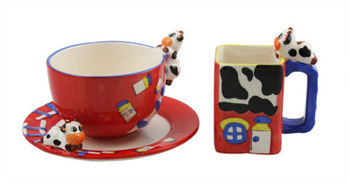 (D) Royalty Porcelain Kids Tea Mugs and Plate Set with Cow 3pc