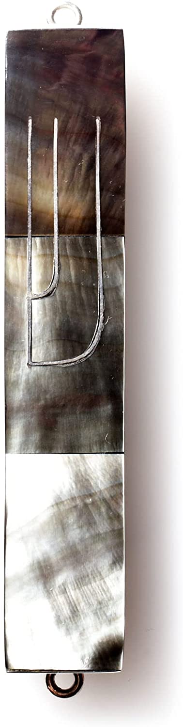 (D) Judaica Sterling Silver Mezuzah Case 4 inch for Door (Black Mussel Shell)