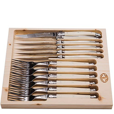 (D) Laguiole Jean Dubost Flatware, 12-pc Cutlery Set in a Tray (Ivory)