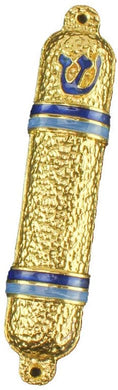 (D) Judaica Hammered Metal Mezuzah Case for Door (Gold Blue)