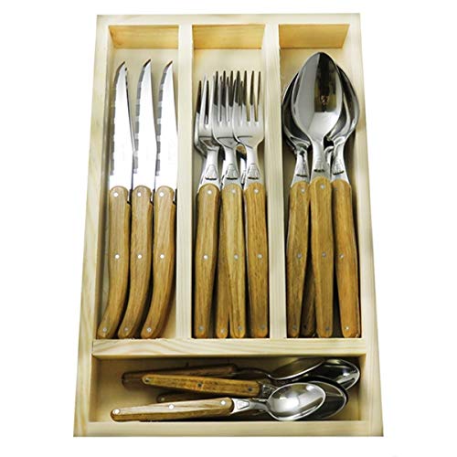 (D) Laguiole French, Flatware Set with Oak Handles 24-pc, Hand Made, Vintage