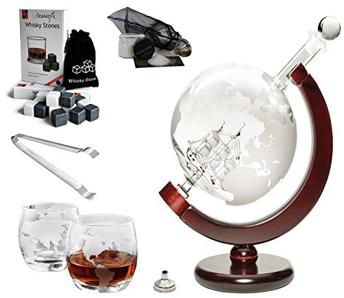 Large Handmade Whisky Dispenser Liquor Etched Decanter and Globe Glasses Mega Set