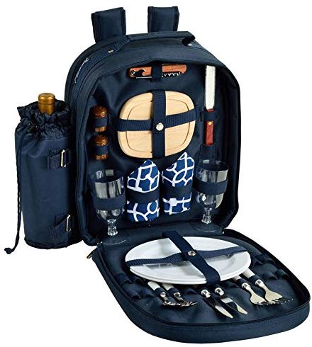 (D) 2 Person Picnic Backpack Bag, Full Equipment Set for Outdoor (Trellis Blue)
